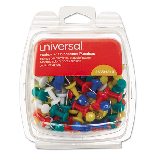 Universal® Colored Push Pins, Plastic, Rainbow, 3/8", 100/Pack