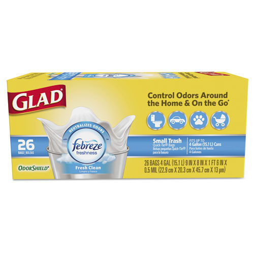 Glad® OdorShield QuickTie Small Trash Bags, Fresh Clean, 4 gal, 0.5mil, 26/BX, 6 BX/CT