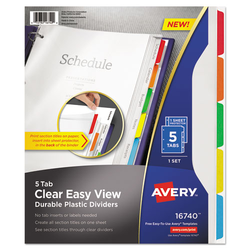 CLEAR EASY VIEW PLASTIC DIVIDERS WITH MULTICOLORED TABS AND SHEET PROTECTOR, 5-TAB, 11 X 8.5, CLEAR, 1 SET