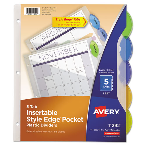 Insertable Style Edge Tab Plastic 1-Pocket Dividers, 5-Tab, 11.25 x 9.25, Translucent