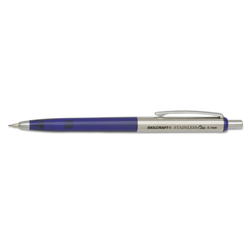 7520016558504 SKILCRAFT Stainless Elite Mechanical Pencil, 0.7 mm, F (#2.5), Black Lead, Blue/Silver Barrel, 3/Pack