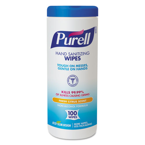 Purell® Premoistened Hand Sanitizing Wipes, Cloth, 5.75 X 7, Fresh Citrus, White, 100/Canister