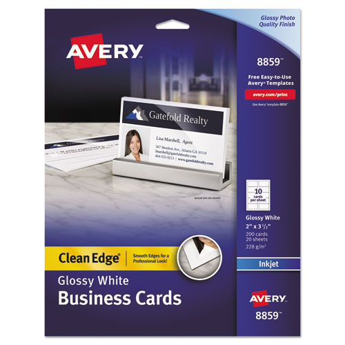 Image of Avery® True Print Clean Edge Business Cards, Inkjet, 2 X 3.5, Glossy White, 200 Cards, 10 Cards Sheet, 20 Sheets/Pack