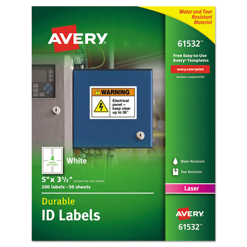 Durable Permanent ID Labels with TrueBlock Technology, Laser Printers, 3.5 x 5, White, 4/Sheet, 50 Sheets/Pack AVE61532