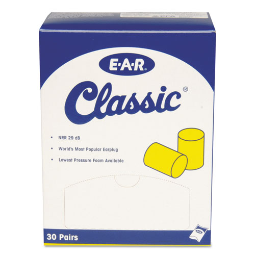 E-A-R Classic Earplugs, Pillow Paks, Cordless, PVC Foam, Yellow, 30 Pairs/Box