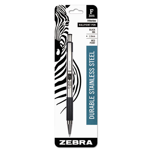 F-301 Ballpoint Pen, Retractable, Medium 1 mm, Black Ink, Stainless Steel/Black Barrel