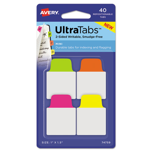 ULTRA TABS REPOSITIONABLE MINI TABS, 1/5-CUT TABS, ASSORTED NEON, 1" WIDE, 40/PACK