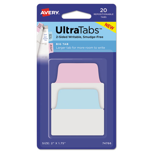 Ultra Tabs Repositionable Big Tabs, 1/5-Cut Tabs, Assorted Pastels, 2" Wide, 20/Pack