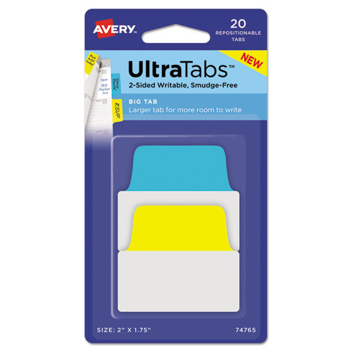 Ultra Tabs Repositionable Big Tabs, 1/5-Cut Tabs, Assorted Primary Colors, 2" Wide, 20/Pack