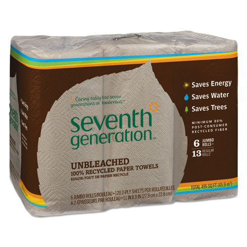 Seventh Generation® Natural Unbleached 100% Recycled Paper Kitchen Towel Rolls, 2-Ply, 11 x 9, 120/Roll, 6 Rolls/Pack