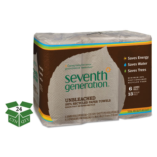 Natural Unbleached 100% Recycled Paper Kitchen Towel Rolls, 2-Ply, 11 x 9, 120/Roll, 24 Rolls/Carton
