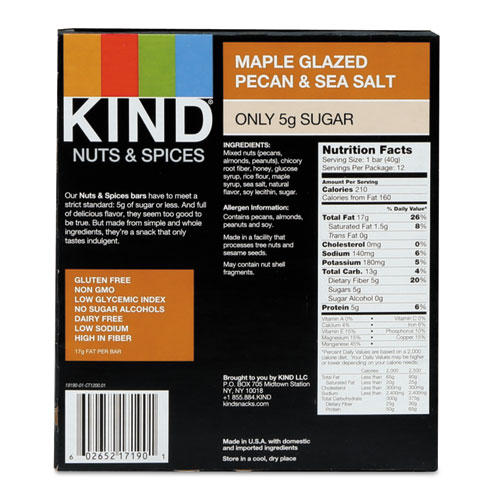 Nuts and Spices Bar, Maple Glazed Pecan and Sea Salt, 1.4 oz Bar, 12/Box