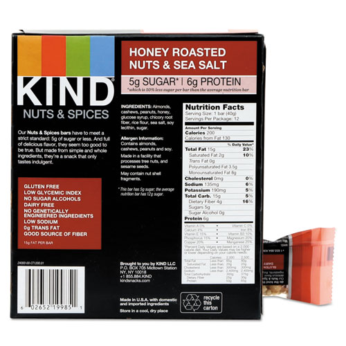 Nuts and Spices Bar, Honey Roasted Nuts/Sea Salt, 1.4 oz Bar, 12/Box