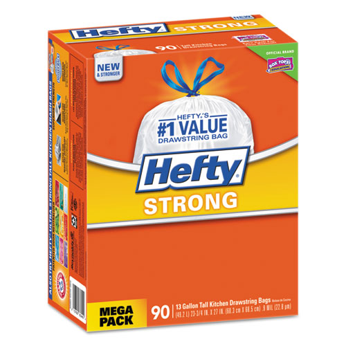 Hefty® Strong Tall Kitchen Drawstring Bags, 13 gal, 0.9 mil, 23.75" x 27", White, 120 Bags/Box, 3 Boxes/Carton