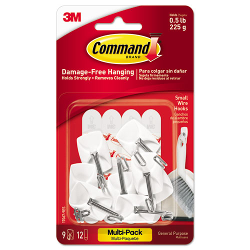General Purpose Wire Hooks Multi-Pack, Small, 0.5 lb Cap, White, 9 Hooks and 12 Strips/Pack
