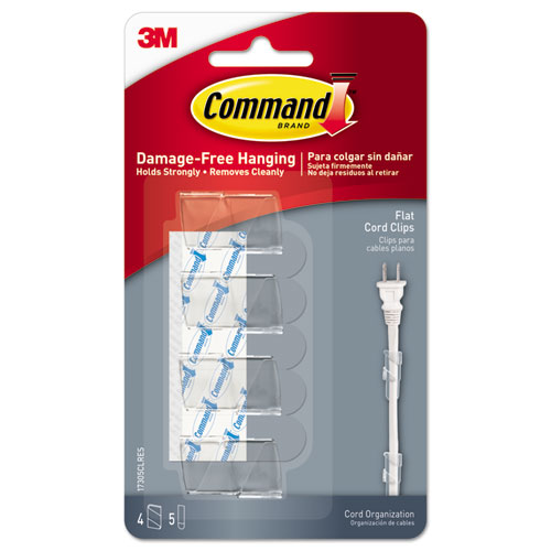 CORD CLIP, FLAT; WITH ADHESIVE, 0.75"W, CLEAR, 4/PACK