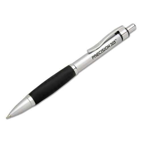 7520014457237 SKILCRAFT Precision 305 Ballpoint Pen, Retractable, Fine 0.7 mm, Black Ink, Silver Barrel, Dozen