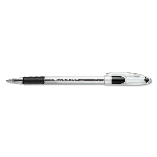 R.S.V.P. Stick Ballpoint Pen, Fine 0.7mm, Black Ink, Clear/Black Barrel, Dozen