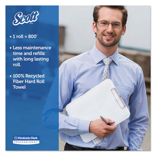 Image of Scott® Essential 100% Recycled Fiber Hard Roll Towel, 1-Ply, 8" X 800 Ft, 1.5" Core, White, 12 Rolls/Carton