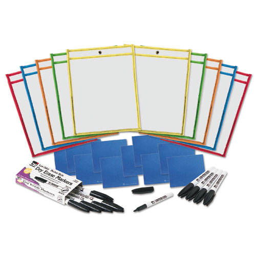 Charles Leonard® Dry Erase Pocket Class Pack, 10.5  X 1.5, Assorted Primary Colors, 10/Pack