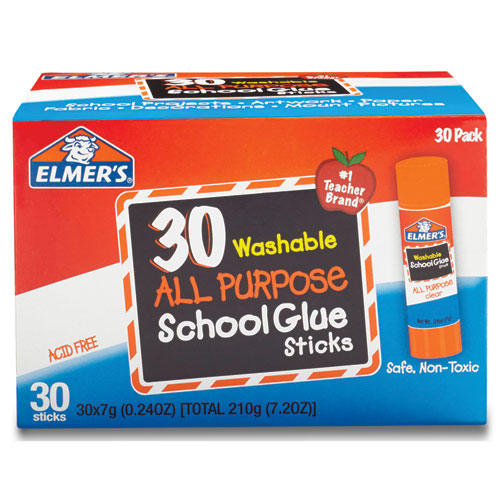 Washable School Glue Sticks, 0.24 oz, Applies and Dries Clear, 30/Box | by Plexsupply