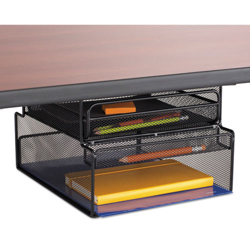 Image of Onyx Hanging Organizer with Drawer, Under Desk Mount, 3 Compartments, Steel Mesh, 12.33 x 10 x 7.25, Black