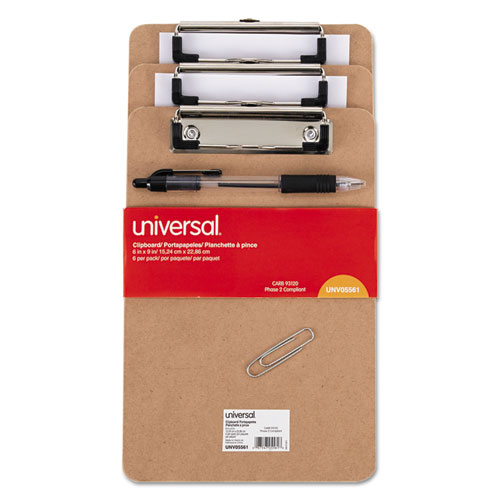 Image of Universal® Hardboard Clipboard With Low-Profile Clip, 0.5" Clip Capacity, Holds 5 X 8 Sheets, Brown, 6/Pack