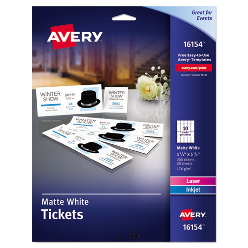 Avery® Printable Tickets w/Tear-Away Stubs, 8 1/2 x 11, White, 10/Sheet, 20Sheets/Pack