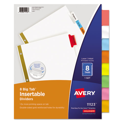 Insertable Big Tab Dividers, 8-Tab, Double-Sided Gold Edge Reinforcing, 11 x 8.5, White, Assorted Tabs, 1 Set