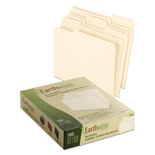 Earthwise by 100% Recycled Manila File Folders, 1/3-Cut Tabs, Letter Size, 100/Box