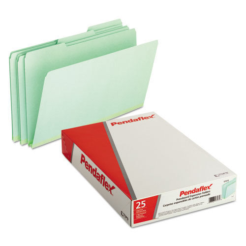 Pressboard Expanding File Folders, 1/3-Cut Tabs: Assorted, Legal Size, 1" Expansion, Green, 25/Box