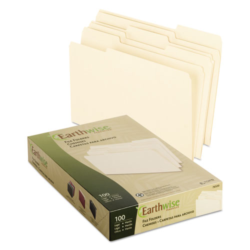 Image of Pendaflex® Earthwise By Pendaflex 100% Recycled Manila File Folder, 1/3-Cut Tabs: Assorted, Legal Size, 0.75" Expansion, Manila, 100/Box