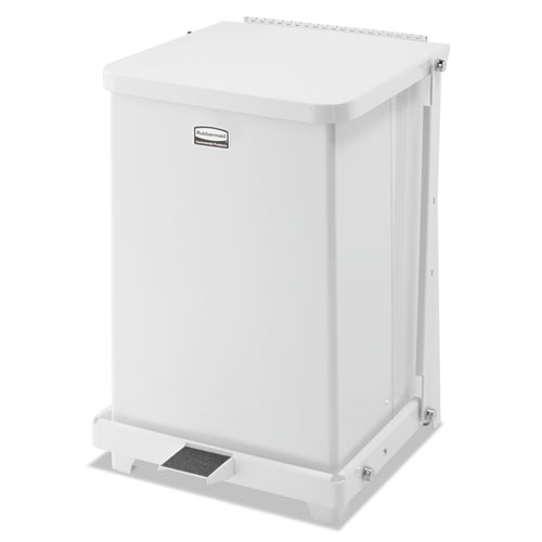 Rubbermaid® Commercial Defenders Square Quiet Step Can, 7 gal,PL Liner, Sky White, 13" Square