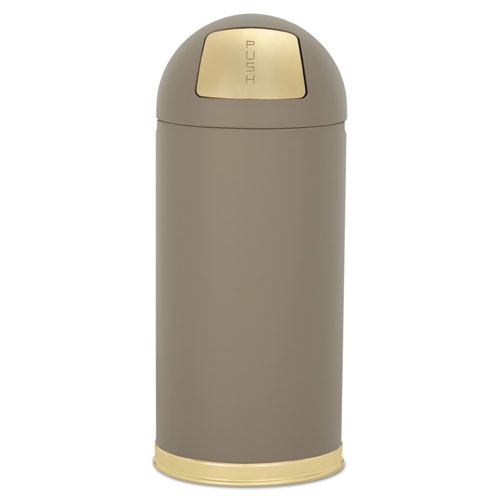 Rubbermaid® Commercial Round Top Push Door Waste Receptacle, 15 gal, 36" High, Brown w/Brass Trim