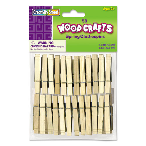 Wood Spring Clothespins, 3.38" Length, Natural, 50/Pack