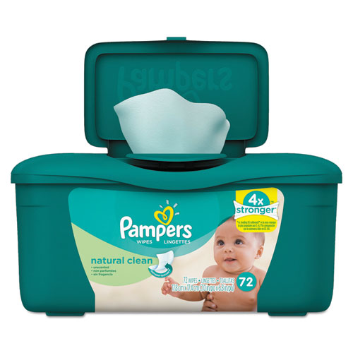 Pampers® Natural Clean Baby Wipes, Unscented, White, Cotton, 72/Tub, 8 Tub/Carton