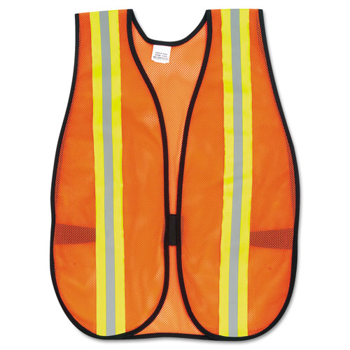 Image of Orange Safety Vest, 2" Reflective Strips, Polyester, Side Straps, One Size Fits All, Bright Orange