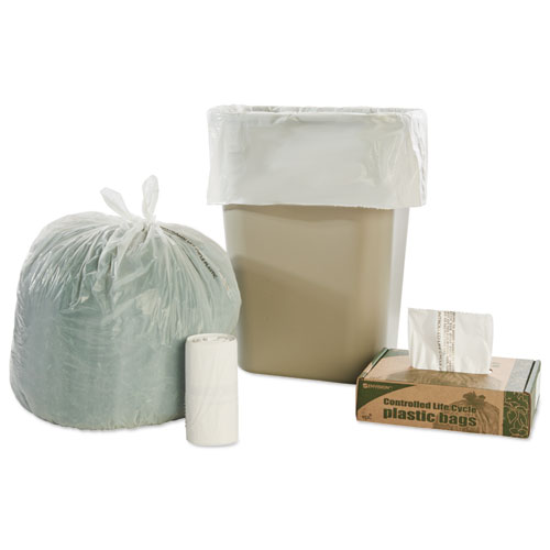Image of Controlled Life-Cycle Plastic Trash Bags, 13 gal, 0.7 mil, 24" x 30", White, 120/Box