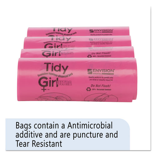 Tidy Girl™ Feminine Hygiene Sanitary Disposal Bags, 4" x 10", Pink/Black, 150 Bags/Roll, 4 Rolls/Carton
