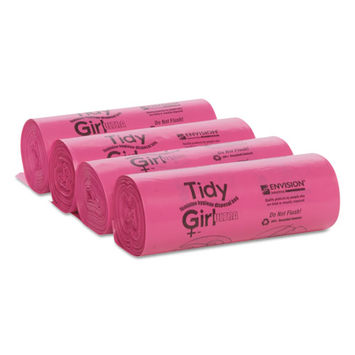 Image of Tidy Girl™ Feminine Hygiene Sanitary Disposal Bags, 4" X 10", Pink/Black, 150 Bags/Roll, 4 Rolls/Carton