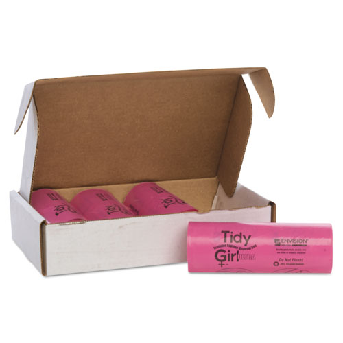 Image of Tidy Girl™ Feminine Hygiene Sanitary Disposal Bags, 4" X 10", Pink/Black, 150 Bags/Roll, 4 Rolls/Carton