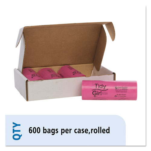 Image of Tidy Girl™ Feminine Hygiene Sanitary Disposal Bags, 4" X 10", Pink/Black, 150 Bags/Roll, 4 Rolls/Carton