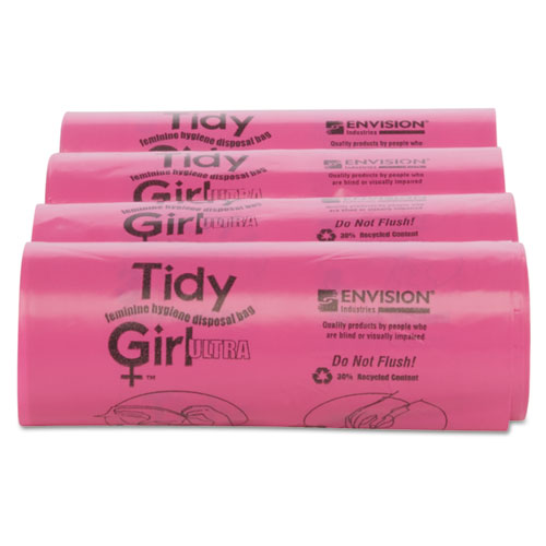 Image of Tidy Girl™ Feminine Hygiene Sanitary Disposal Bags, 4" X 10", Pink/Black, 150 Bags/Roll, 4 Rolls/Carton