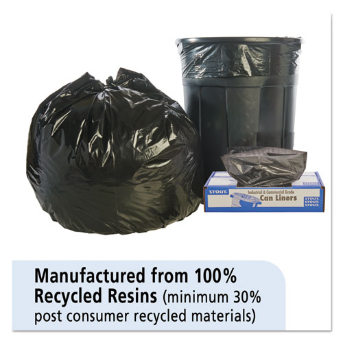 Commercial trash bags 60 gallon 38x60 1.5 mil case of 100 black, linear low  STOT3860B15 Stout