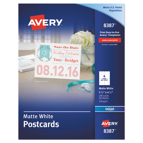 Image of Avery® Printable Postcards, Inkjet, 85 Lb, 4.25 X 5.5, Matte White, 200 Cards, 4 Cards/Sheet, 50 Sheets/Box