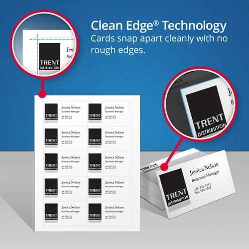 Image of Clean Edge Business Cards, Laser, 2 x 3.5, White, 1,000 Cards, 10 Cards/Sheet, 100 Sheets/Box