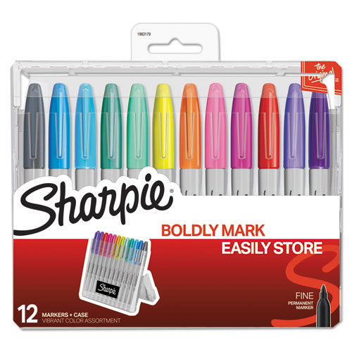 Sharpie® Permanent Markers with Storage Case, Fine, Assorted, Original, 12/Pack