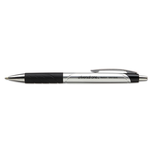 Comfort Grip Ballpoint Pen, Retractable, Medium 1 mm, Black Ink, Silver/Black Barrel, Dozen
