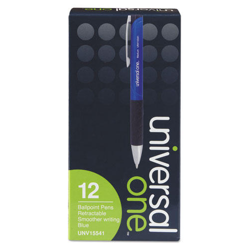 Image of Universal™ Comfort Grip Ballpoint Pen, Retractable, Medium 1 Mm, Blue Ink, Blue Barrel, Dozen
