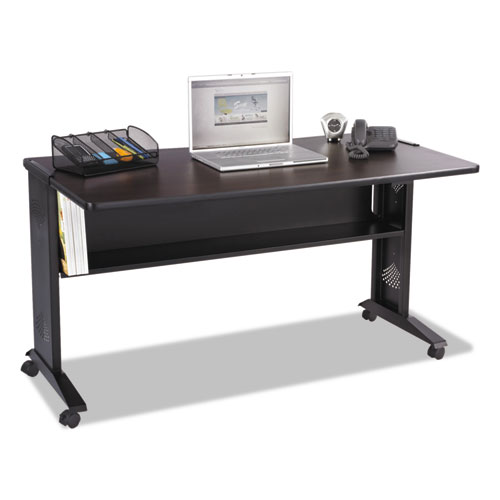 Safco® Mobile Computer Desk with Reversible Top, 53.5" x 28" x 30", Mahogany/Medium Oak/Black